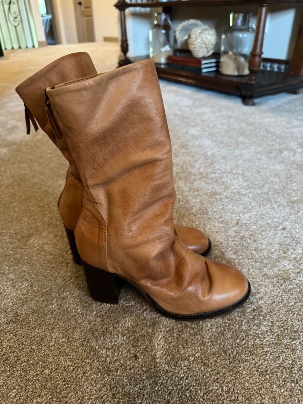 Free People Tan Leather Ellie Mid-Calf Slouch Block Heel Boots size 40 - Picture 5 of 9